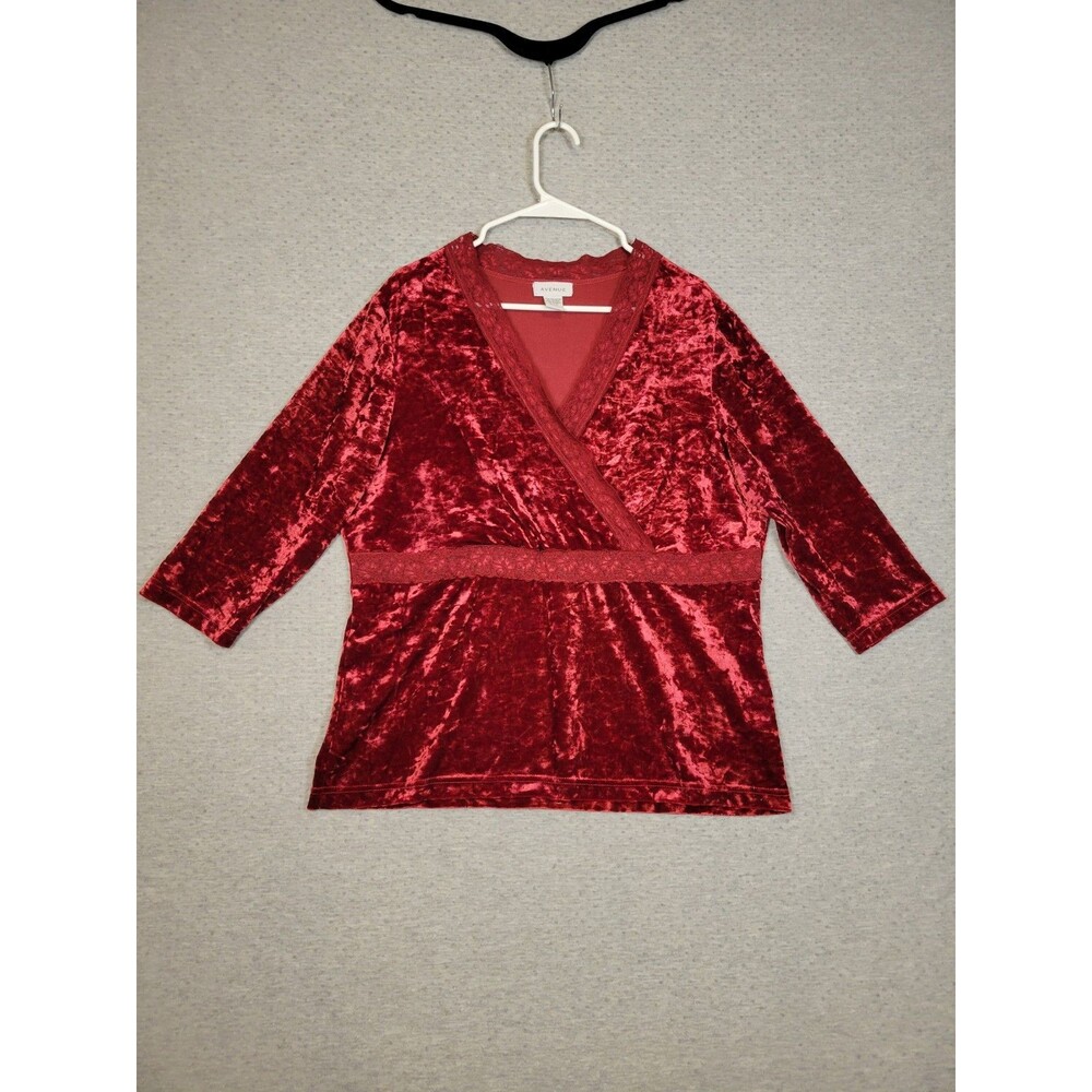 Red Crushed Velvet Top Womens 14/16 Lace Trim 3/4 Sleeves Romantic Whimsigoth